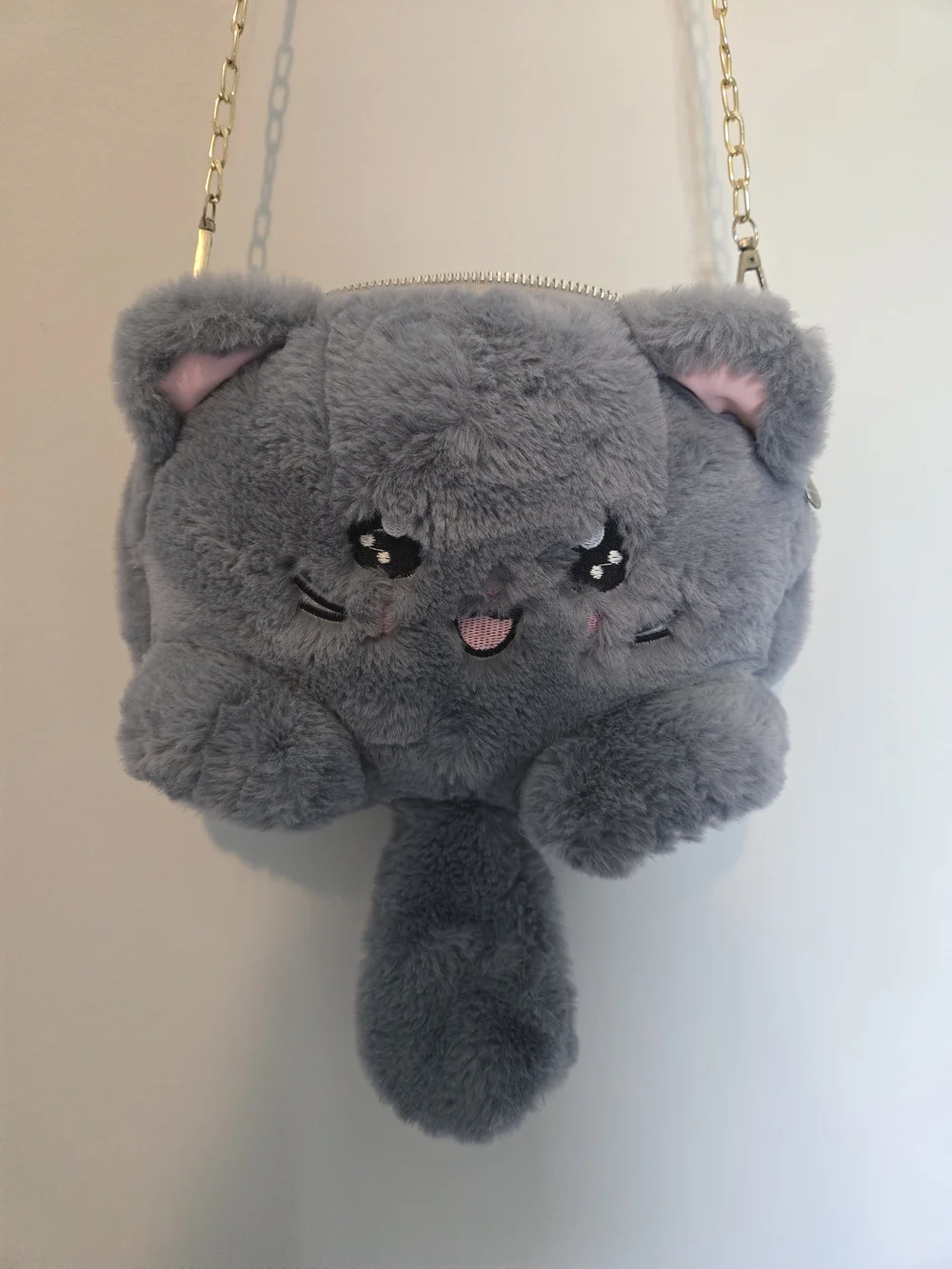 Plush Grey Cat Kids Crossbody Bag with Chain Strap